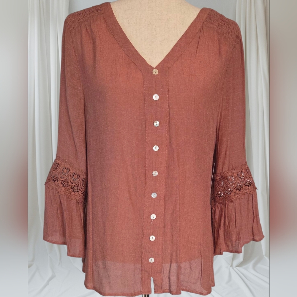 Indigo Rose Terracotta Lace Sleeve V Neck Tunic Blouse Large NWT - Picture 2 of 7